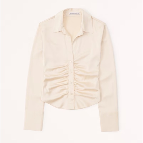 Abercrombie & Fitch Long-Sleeve Satin Ruched Button-Up Shirt. Cream color. XL. - Picture 3 of 5